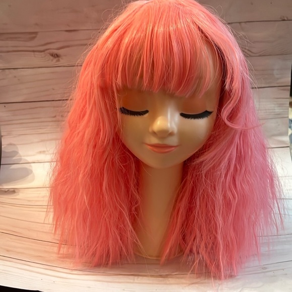 Pink Wig With Bang 15” Crimped Hair Medium Length Pastel - Picture 2 of 8